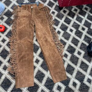 New Native Brown Fringe Suede leather 💯 % Pants cowgirl/cowboy size xs size 28